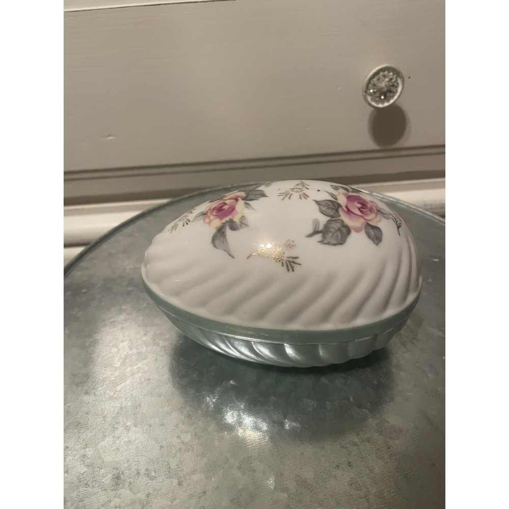 Vintage Japan Norleans Egg Large Trinket Box W Lid Floral Pink Rose Easter Gift
